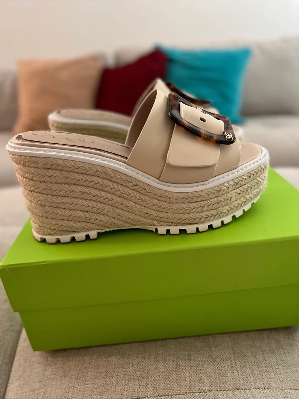Sam Edelman Neutral Beige Slide Mules with Tortoiseshell Buckle